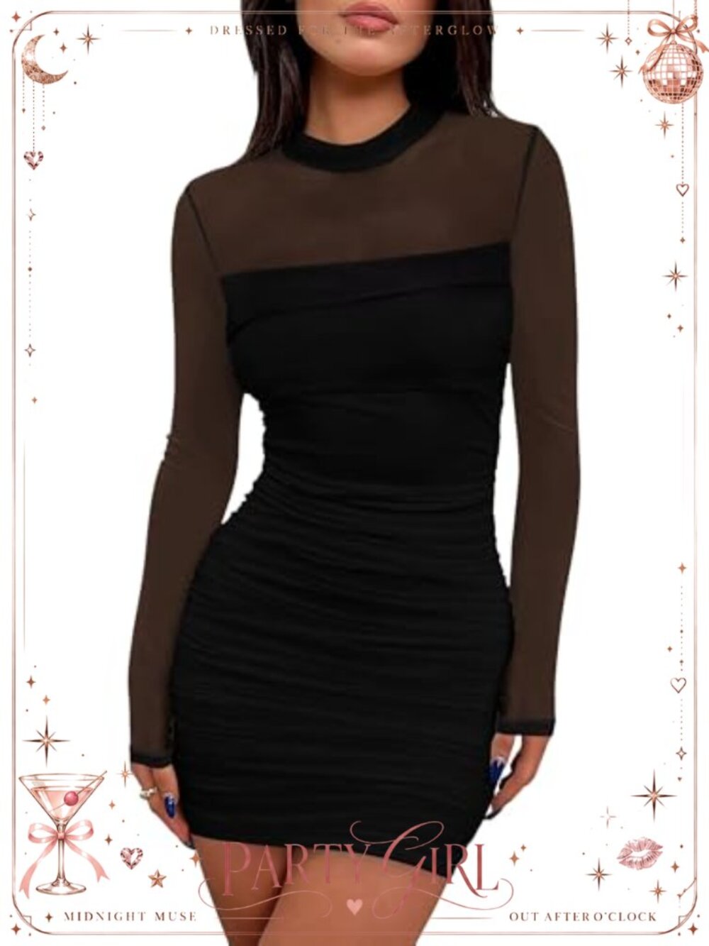 Women's Mesh Sheer Long Sleeve Ruched Mini Dress Bodycon Party Club Cocktail